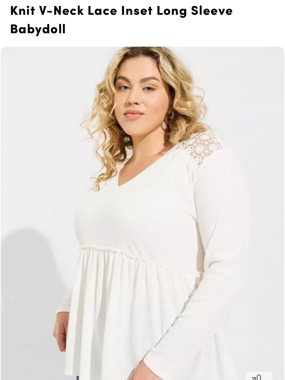torrid White Knit V-Neck Lace Inset Long Sleeve Babydoll